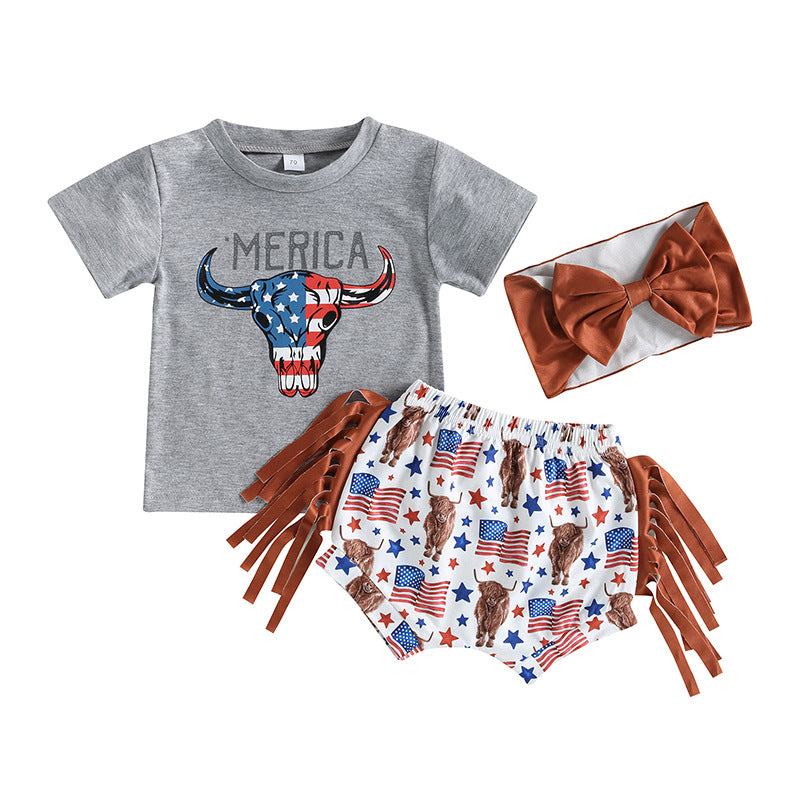 Wholesale Cotton 2023 Independence Day Bull Head T-Shirt Tassel Shorts Set